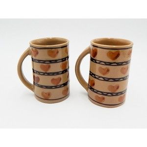 Hartstone Pottery Heart Coffee Tea Mugs Zigzag Taupe Brown Signed Set of 2